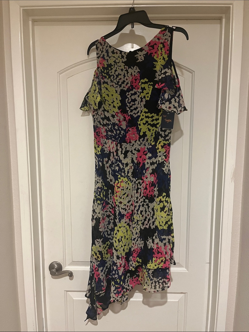 Taylor Navy Floral High-Low Dress with Pink and Lime Accents